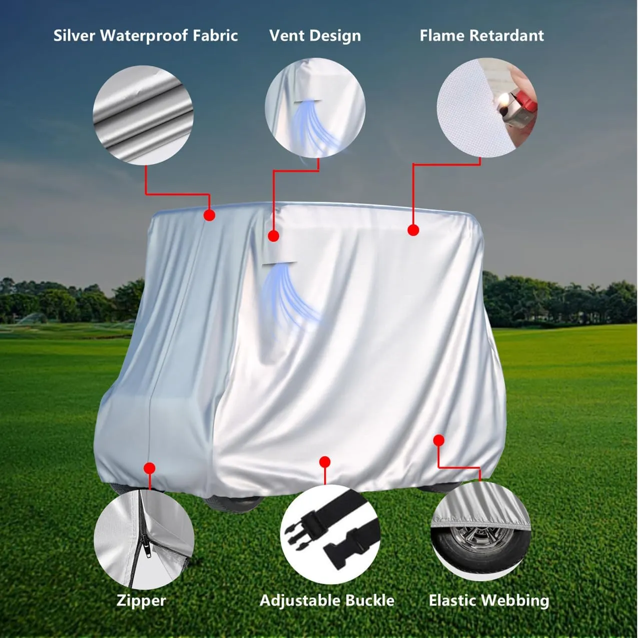 BENVOL 2/4 Passenger Golf Cart Cover for Yamaha EZGO Club Car, 420T Waterproof Polyester with Silver Coating,Waterproof,Dustproof,Windproof,Sunproof，All-Weather Protection (Silver-112 * 48 * 73 in)
