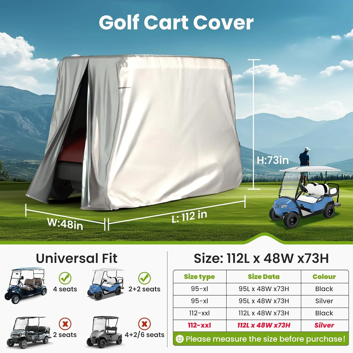 BENVOL 2/4 Passenger Golf Cart Cover for Yamaha EZGO Club Car, 420T Waterproof Polyester with Silver Coating,Waterproof,Dustproof,Windproof,Sunproof，All-Weather Protection (Silver-112 * 48 * 73 in)