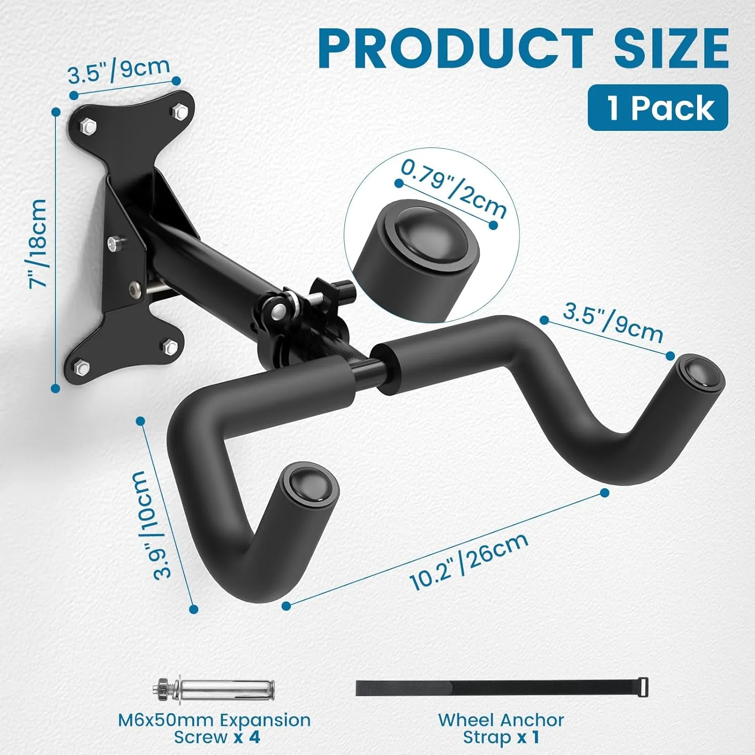 Bike Wall Mount - [1 Pack] EVA Foam Padded up to 48.5 lbs, Carbon Steel, Valve Mechanism, Heavy-Duty Adjustable Bike Wall Hanger for Road, Mountain and Hybrid Bikes, Garage & Apartment
