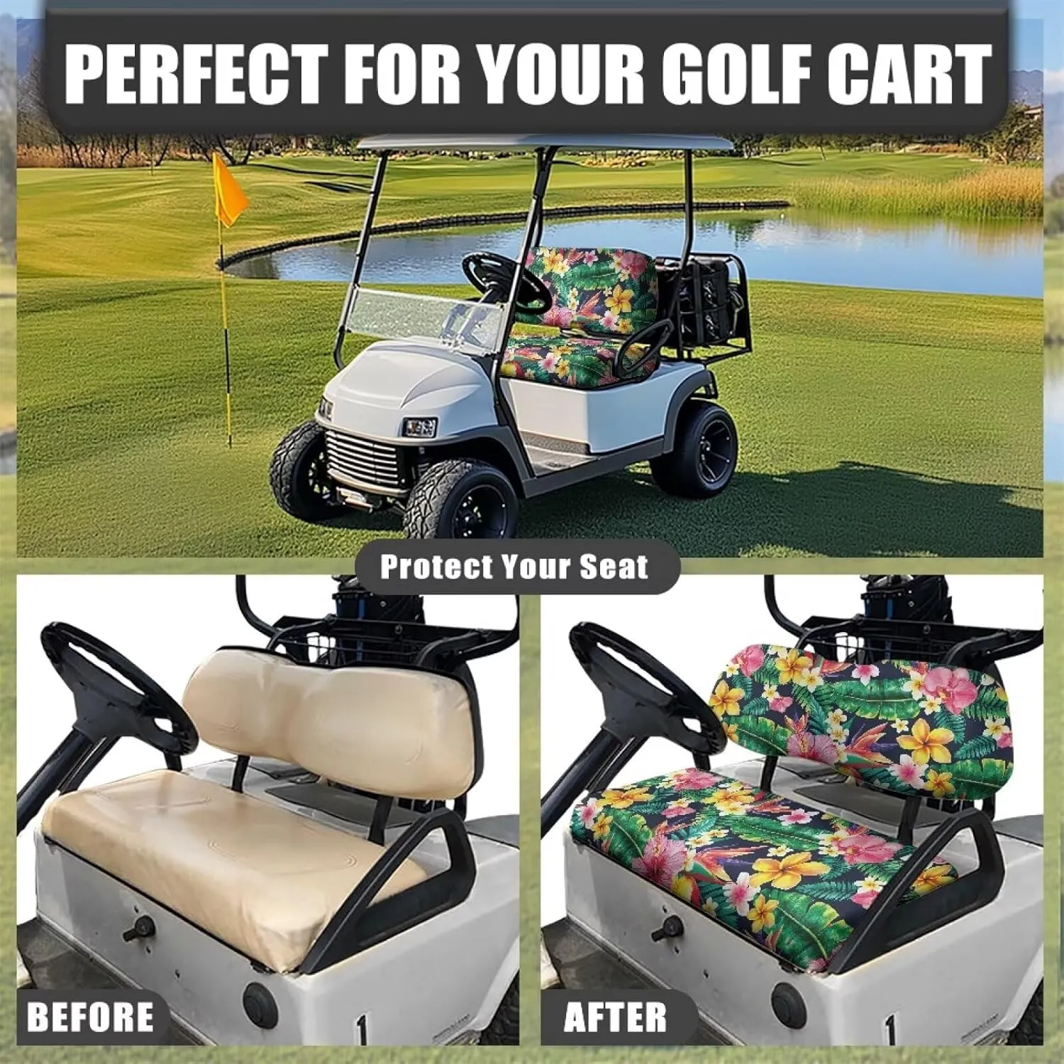 Biyejit Golf Cart Seat Covers, Golf Cart Backrest and Bench Seat Covers for Club Car Universal 2 Person Seats Cushion