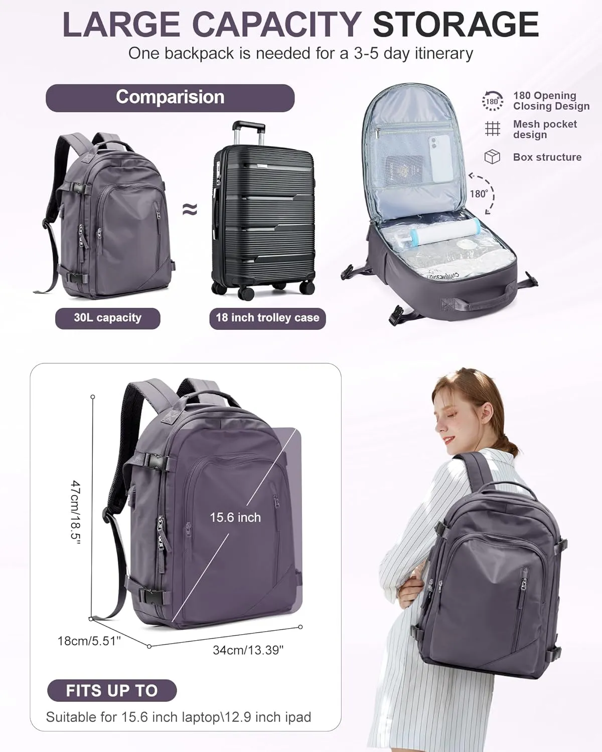 BJLFS Travel Vacuum Backpack for Women Men, Seal Compression Air Vac Back Pack with Pump, Waterproof Carry On Suitcase Luggage Flight Approved Personal Item Bag, Purple
