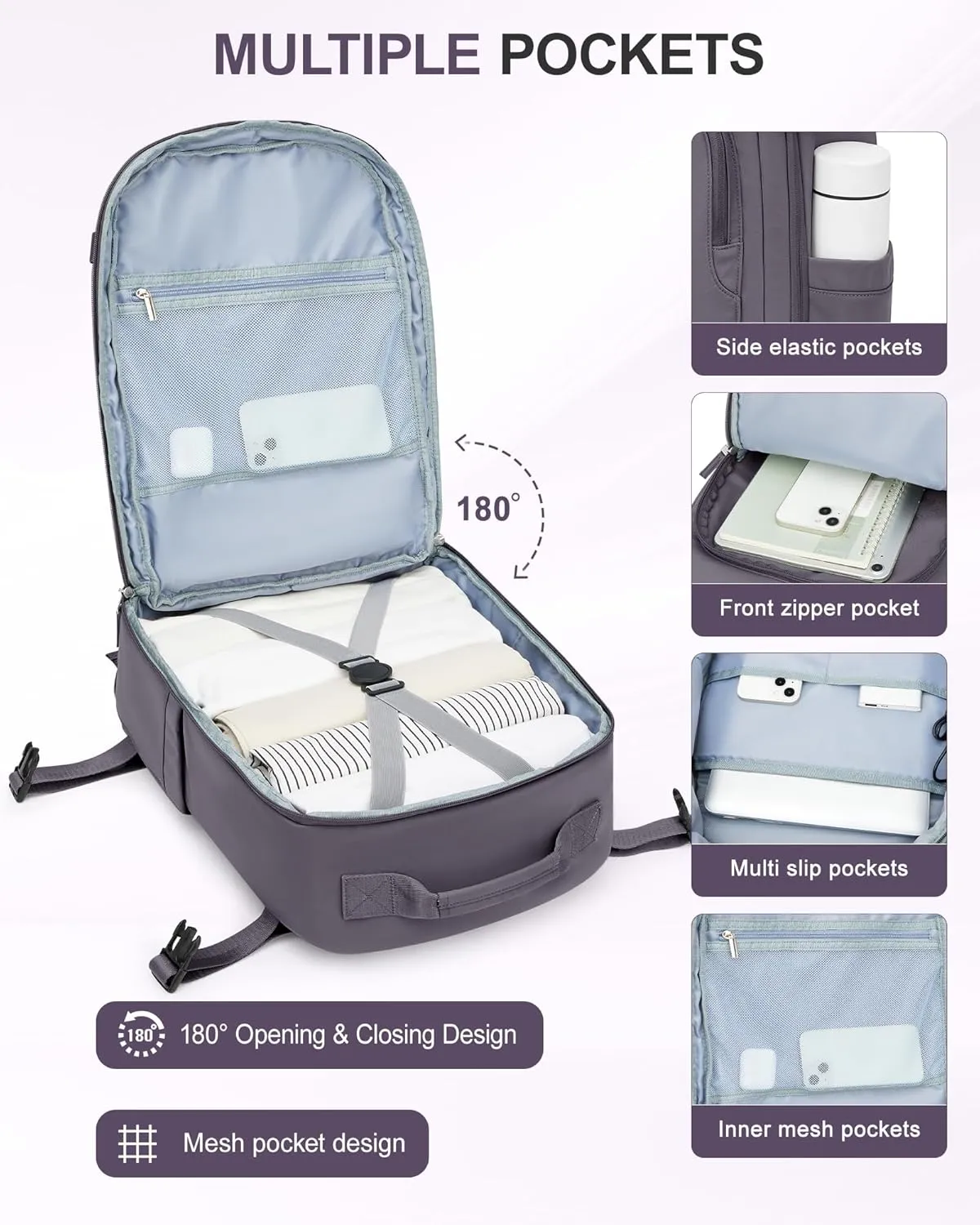 BJLFS Travel Vacuum Backpack for Women Men, Seal Compression Air Vac Back Pack with Pump, Waterproof Carry On Suitcase Luggage Flight Approved Personal Item Bag, Purple