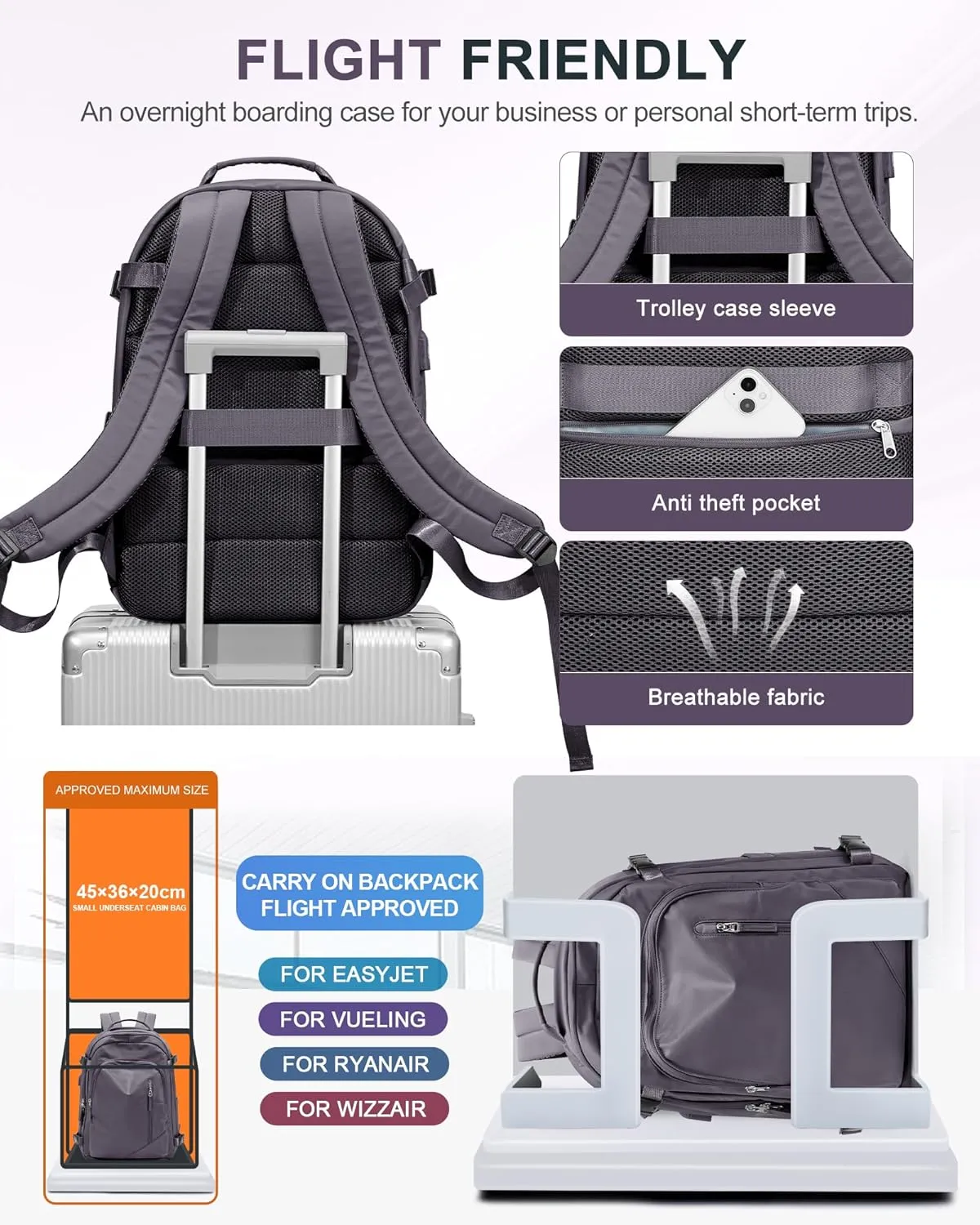 BJLFS Travel Vacuum Backpack for Women Men, Seal Compression Air Vac Back Pack with Pump, Waterproof Carry On Suitcase Luggage Flight Approved Personal Item Bag, Purple