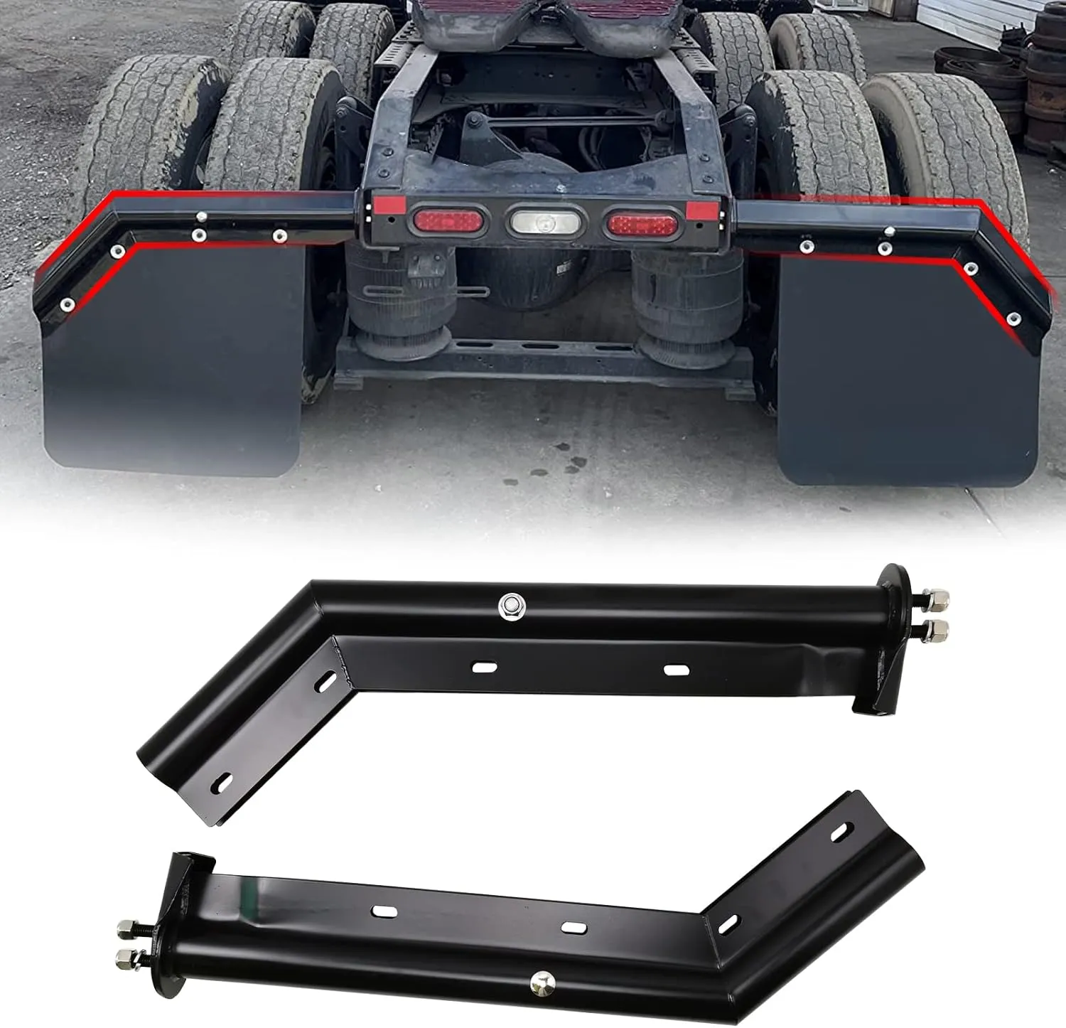 Black Angled Spring Loaded Mud Flap Hanger Bracket Set 1-1/8" Bolt Spacing 27.5" Length fit for Semi Trucks, 2PCS
