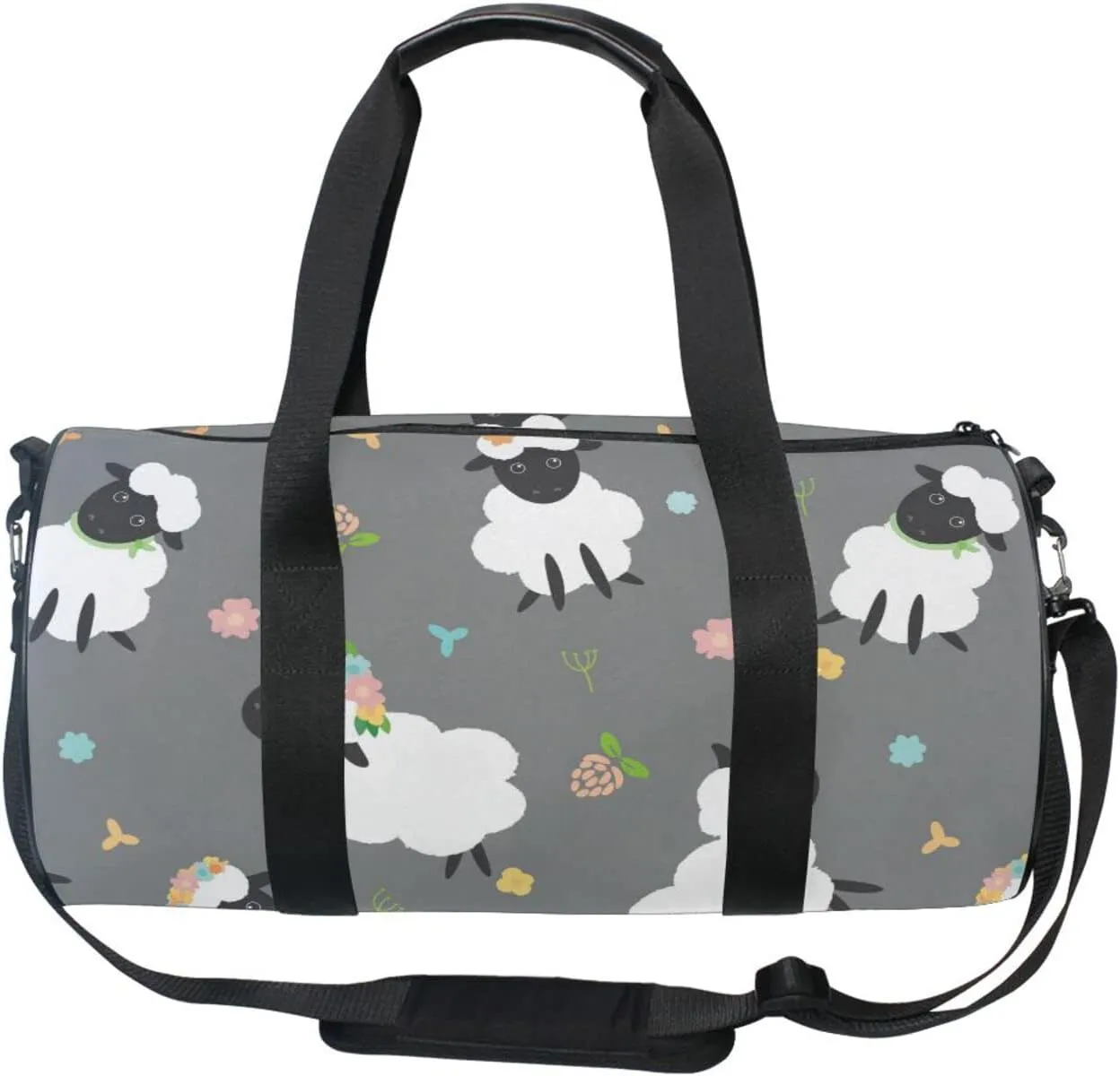 Black White Sheep Lambs Wild Flowers on a Dark Gray Background Duffel Bag, Foldable Canvas Travel Tote for Gym Sports with Inner Pockets, Durable Lightweight Fitness Bag for Overnight Workout