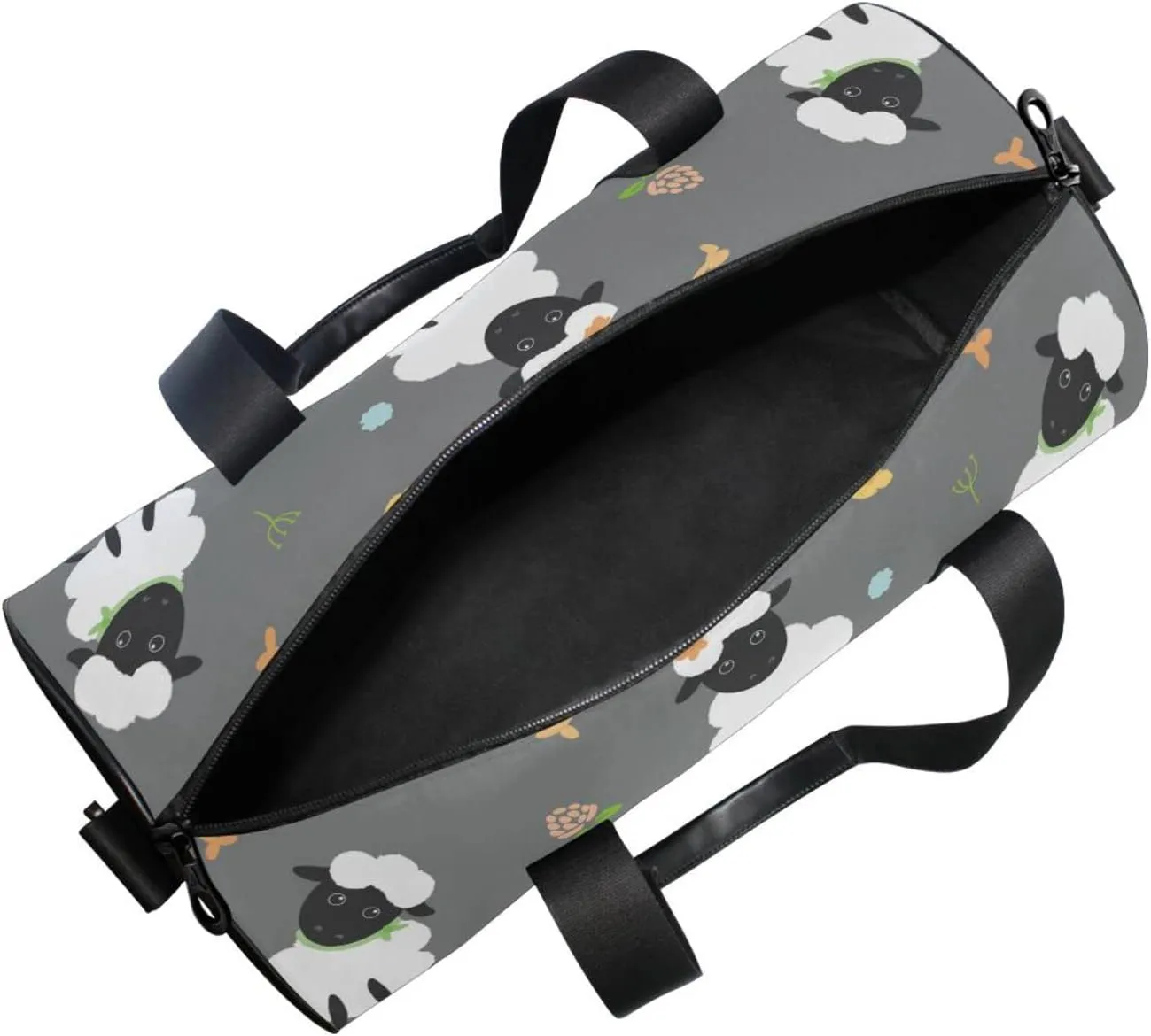 Black White Sheep Lambs Wild Flowers on a Dark Gray Background Duffel Bag, Foldable Canvas Travel Tote for Gym Sports with Inner Pockets, Durable Lightweight Fitness Bag for Overnight Workout