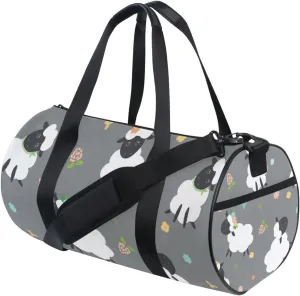 Black White Sheep Lambs Wild Flowers on a Dark Gray Background Duffel Bag, Foldable Canvas Travel Tote for Gym Sports with Inner Pockets, Durable Lightweight Fitness Bag for Overnight Workout