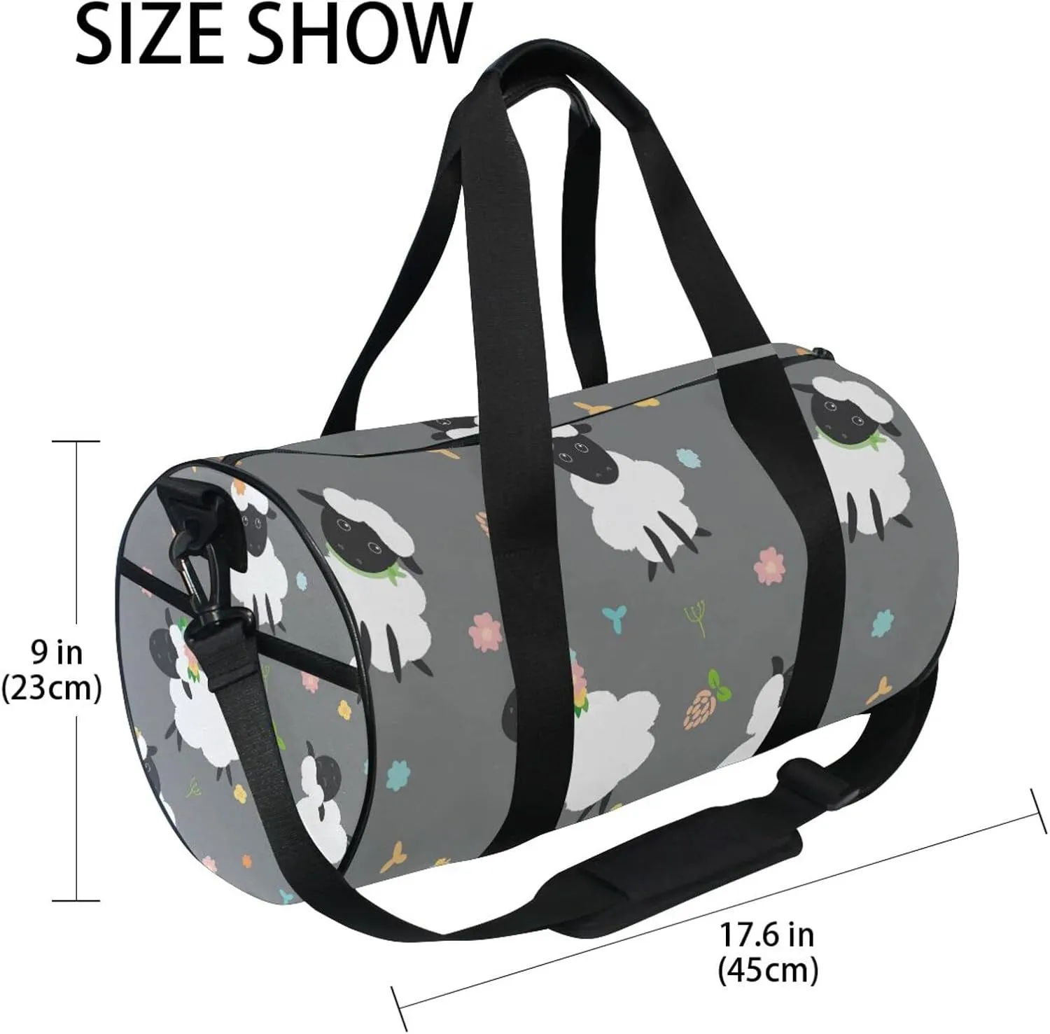 Black White Sheep Lambs Wild Flowers on a Dark Gray Background Duffel Bag, Foldable Canvas Travel Tote for Gym Sports with Inner Pockets, Durable Lightweight Fitness Bag for Overnight Workout