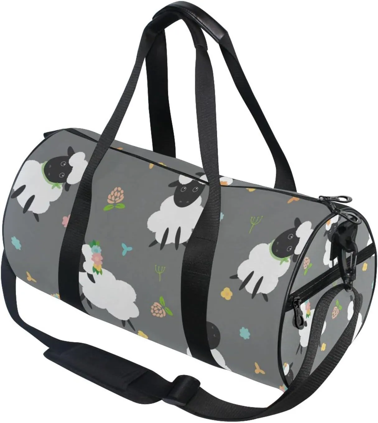 Black White Sheep Lambs Wild Flowers on a Dark Gray Background Duffel Bag, Foldable Canvas Travel Tote for Gym Sports with Inner Pockets, Durable Lightweight Fitness Bag for Overnight Workout