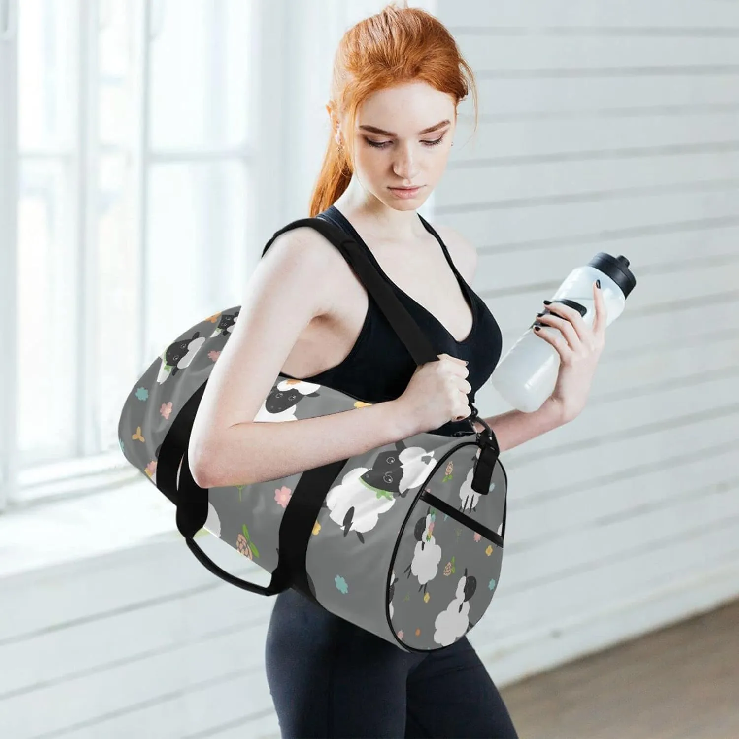 Black White Sheep Lambs Wild Flowers on a Dark Gray Background Duffel Bag, Foldable Canvas Travel Tote for Gym Sports with Inner Pockets, Durable Lightweight Fitness Bag for Overnight Workout