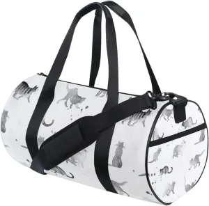Black White Watercolor Cats with Dots Stains Spots on White Duffel Bag, Foldable Canvas Travel Tote for Gym Sports with Inner Pockets, Durable Lightweight Fitness Bag for Overnight Workout