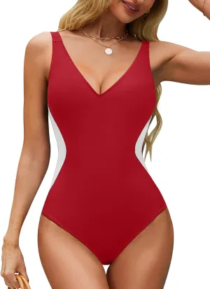 BMJL Women's One Piece Swimsuit Slimming Tummy Control Bathing Suit Deep V Neck Color Block Lace Up Back Swimwear