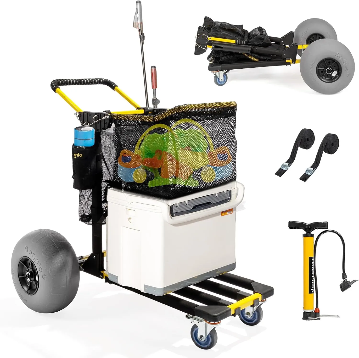 Bonnlo Beach Cart with 12" Big Balloon Wheels for Sand, Foldable 2-in-1 Beach Buggy Cart Fishing Cart with Large Cargo Deck, Fishing Rods Holder, Water Bottle Holder, 2 Mesh Bag, Hand Pump