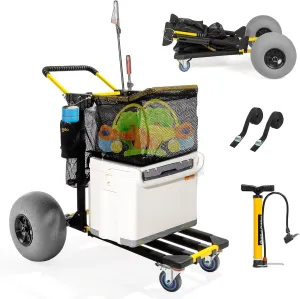 Bonnlo Beach Cart with 12" Big Balloon Wheels for Sand, Foldable 2-in-1 Beach Buggy Cart Fishing Cart with Large Cargo Deck, Fishing Rods Holder, Water Bottle Holder, 2 Mesh Bag, Hand Pump