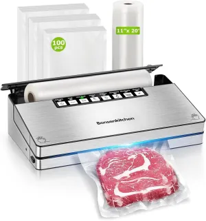Bonsenkitchen Vacuum Sealer Machine, Stainless Steel Vacuum Food Sealer with 100 Bags and 1 Roll, 5 Food Vacuum Modes, Integrated Cutter and Bag Storage