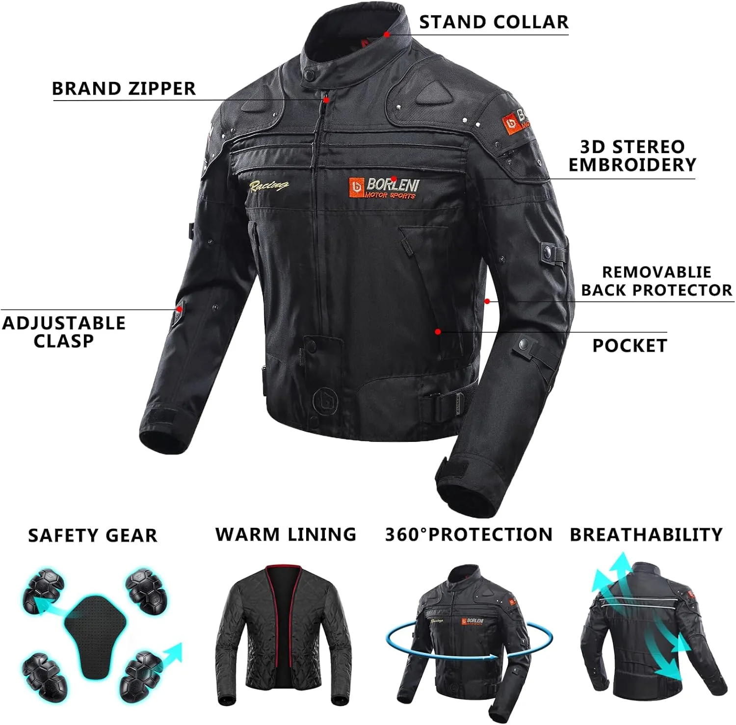 BORLENI Motorcycle Jacket Motorbike Riding Jacket Windproof Motorcycle Full Body Protective Gear Armor