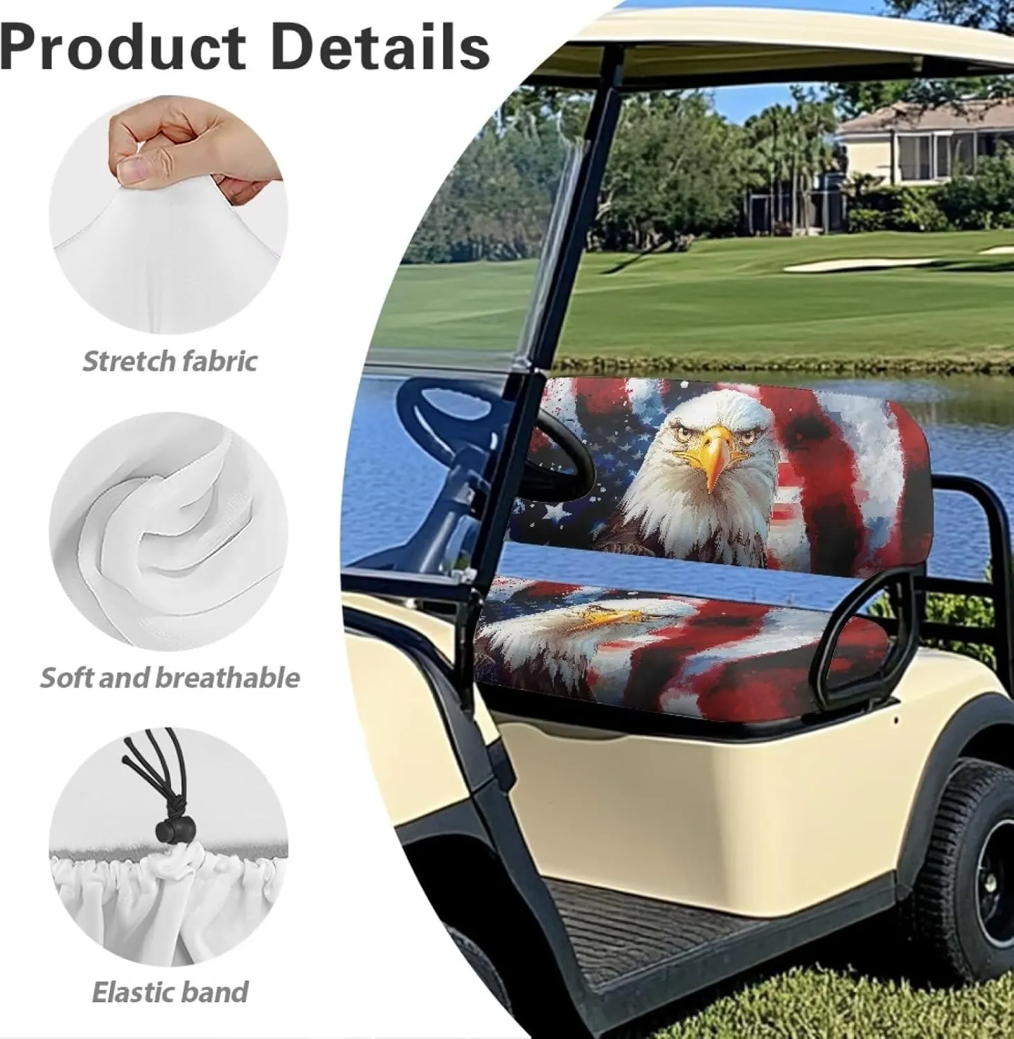 Bulopur American Flag Eagle Golf Cart Seat Towel Covers Non-Slip Elastic Patriotic Golfcart Front Seat Cover Compatible with EZGO & Club Car Patriotic Golf Cart Accessories 4th of July Decor