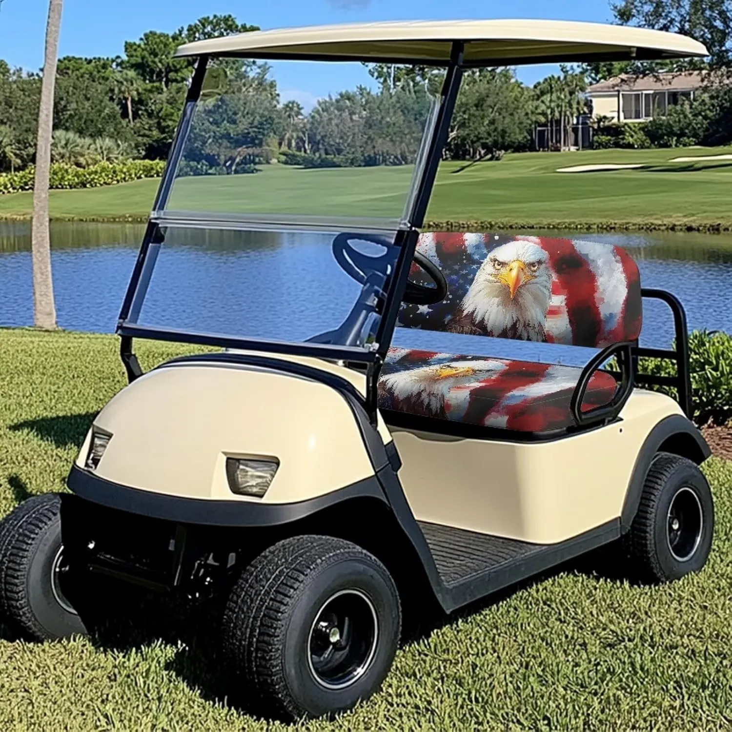 Bulopur American Flag Eagle Golf Cart Seat Towel Covers Non-Slip Elastic Patriotic Golfcart Front Seat Cover Compatible with EZGO & Club Car Patriotic Golf Cart Accessories 4th of July Decor