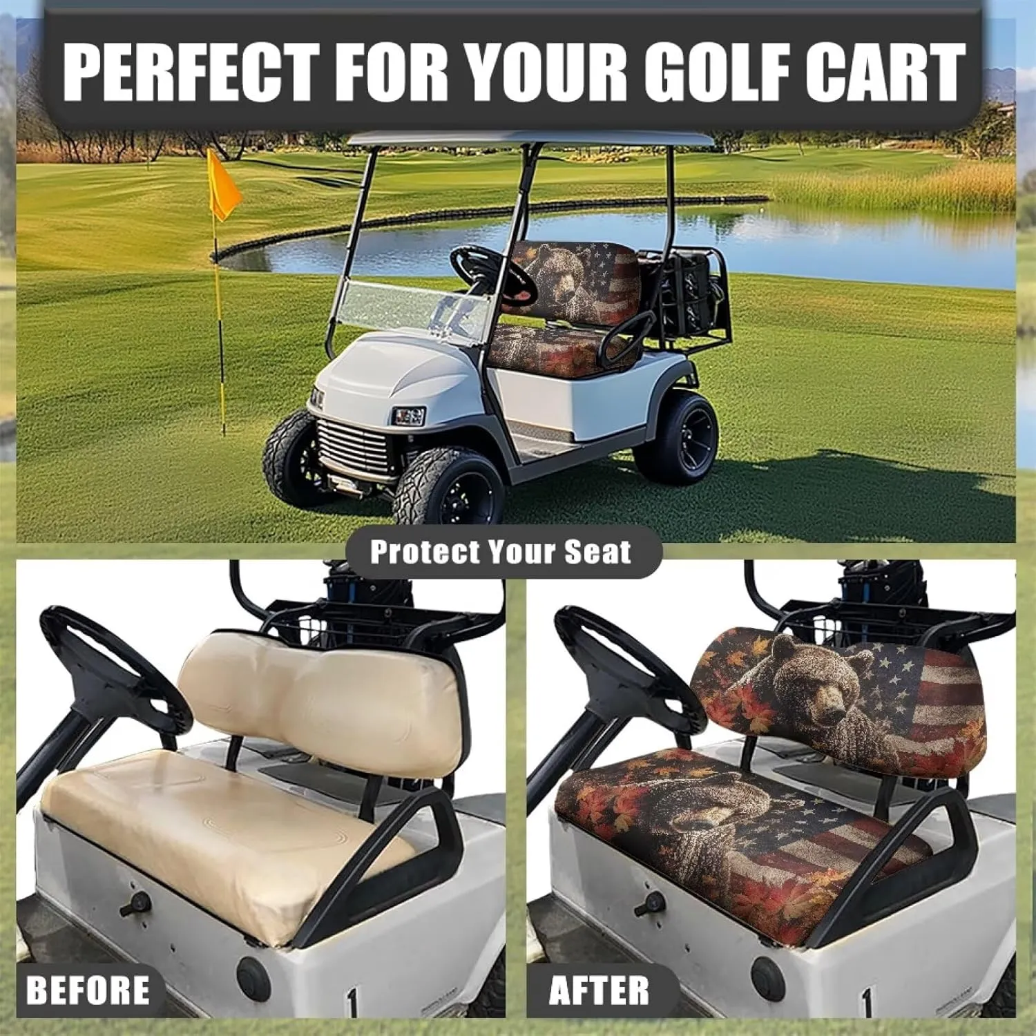 Bulopur Black Bear Golf Cart Seat Covers Towel Blanket for EZGO TXT RXV/Club Car DS Precedent Patriotic Golf Car Seat Cushion Cover and Backrest Cover Sets 4th of July Decor