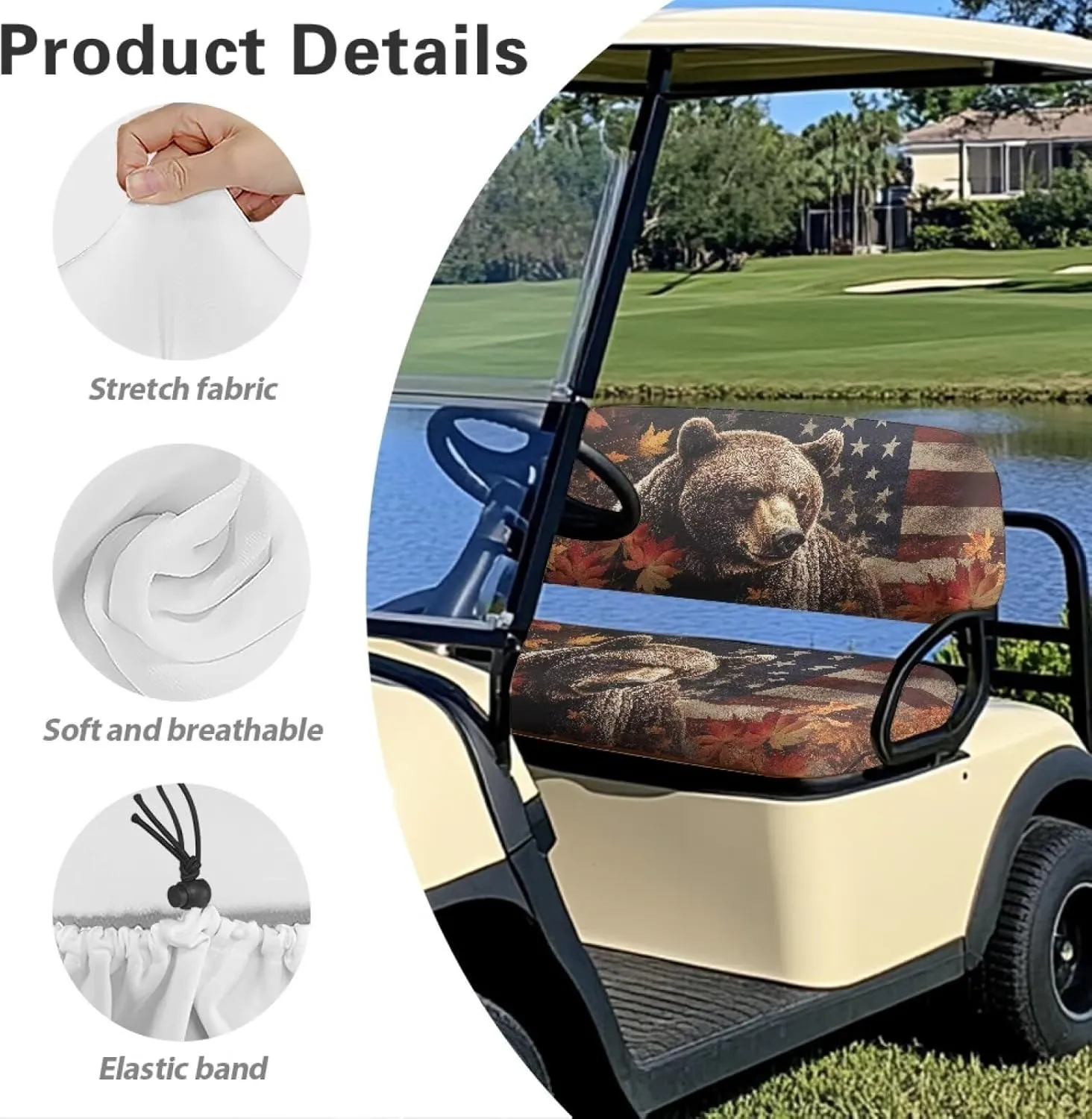 Bulopur Black Bear Golf Cart Seat Covers Towel Blanket for EZGO TXT RXV/Club Car DS Precedent Patriotic Golf Car Seat Cushion Cover and Backrest Cover Sets 4th of July Decor