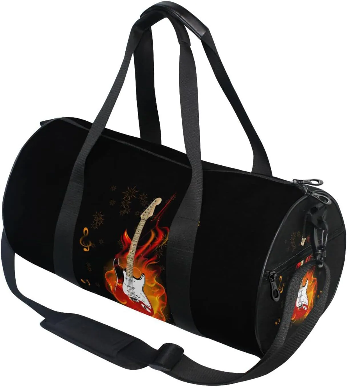 Burning Fire Flaming Guitar with Music Notes Fireworks on Black Duffel Bag, Foldable Canvas Travel Tote for Gym Sports with Inner Pockets, Durable Lightweight Fitness Bag for Overnight Workout