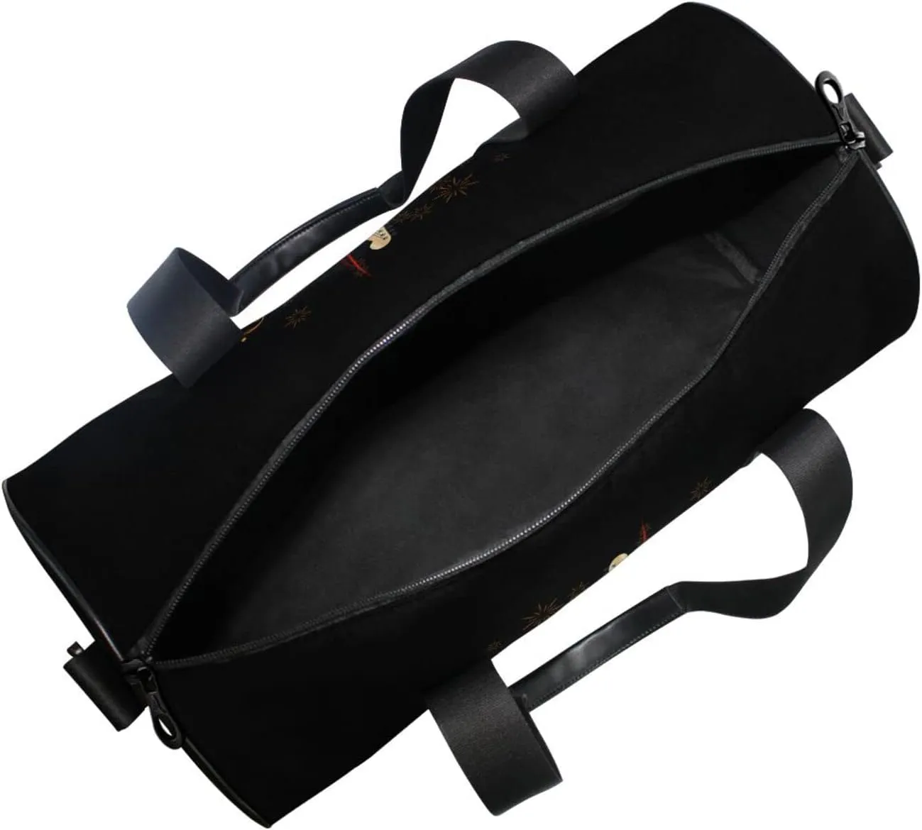 Burning Fire Flaming Guitar with Music Notes Fireworks on Black Duffel Bag, Foldable Canvas Travel Tote for Gym Sports with Inner Pockets, Durable Lightweight Fitness Bag for Overnight Workout