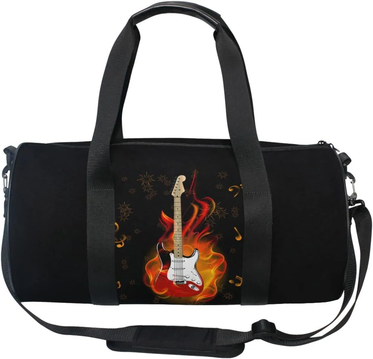 Burning Fire Flaming Guitar with Music Notes Fireworks on Black Duffel Bag, Foldable Canvas Travel Tote for Gym Sports with Inner Pockets, Durable Lightweight Fitness Bag for Overnight Workout