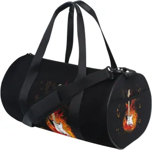 Burning Fire Flaming Guitar with Music Notes Fireworks on Black Duffel Bag, Foldable Canvas Travel Tote for Gym Sports with Inner Pockets, Durable Lightweight Fitness Bag for Overnight Workout