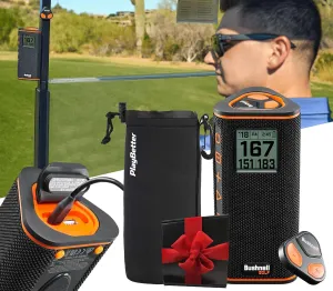 Bushnell Wingman View Golf Speaker Gift Box Bundle - LCD Display, Bluetooth Music & Audible GPS Distances - Perfect Golf Gift - Includes Wingman View, Protective Wingman Pouch, Gift Box, Red Bow
