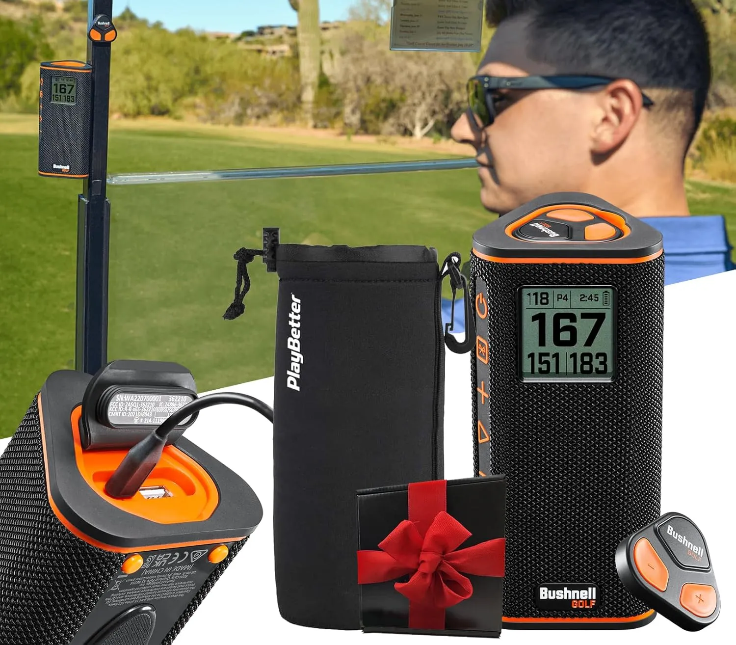 Bushnell Wingman View Golf Speaker Gift Box Bundle - LCD Display, Bluetooth Music & Audible GPS Distances - Perfect Golf Gift - Includes Wingman View, Protective Wingman Pouch, Gift Box, Red Bow