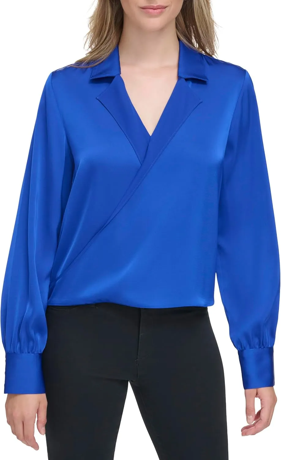 Calvin Klein Women's Plus Faux Wrap Long Sleeve Blouse Top