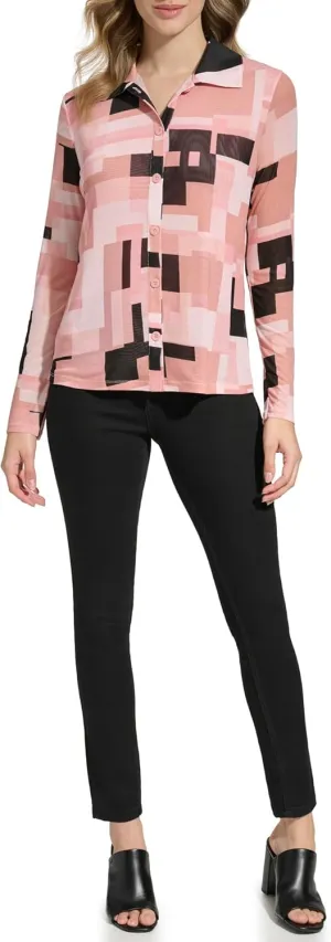 Calvin Klein Women's Printed Long Sleeve Top with Buttons