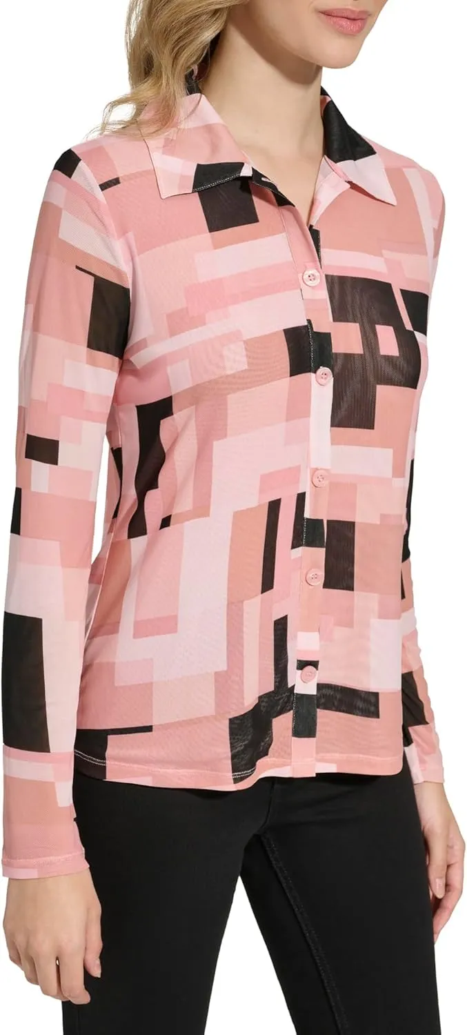 Calvin Klein Women's Printed Long Sleeve Top with Buttons