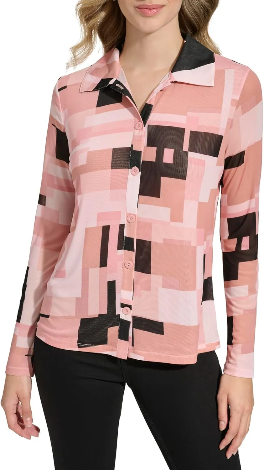 Calvin Klein Women's Printed Long Sleeve Top with Buttons