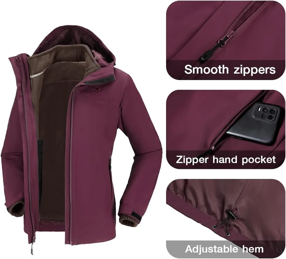 CAMEL CROWN Women's Ski Jacket Waterproof 3 in 1 Winter Coat with Fleece Inner Warm Windproof For Snow Outdoor Hiking