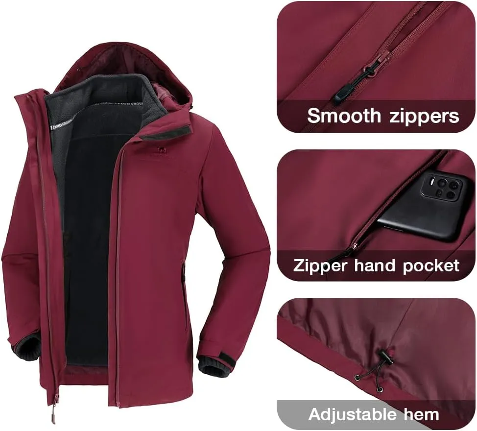 CAMEL CROWN Women's Ski Jacket Waterproof 3 in 1 Winter Coat with Fleece Inner Warm Windproof For Snow Outdoor Hiking
