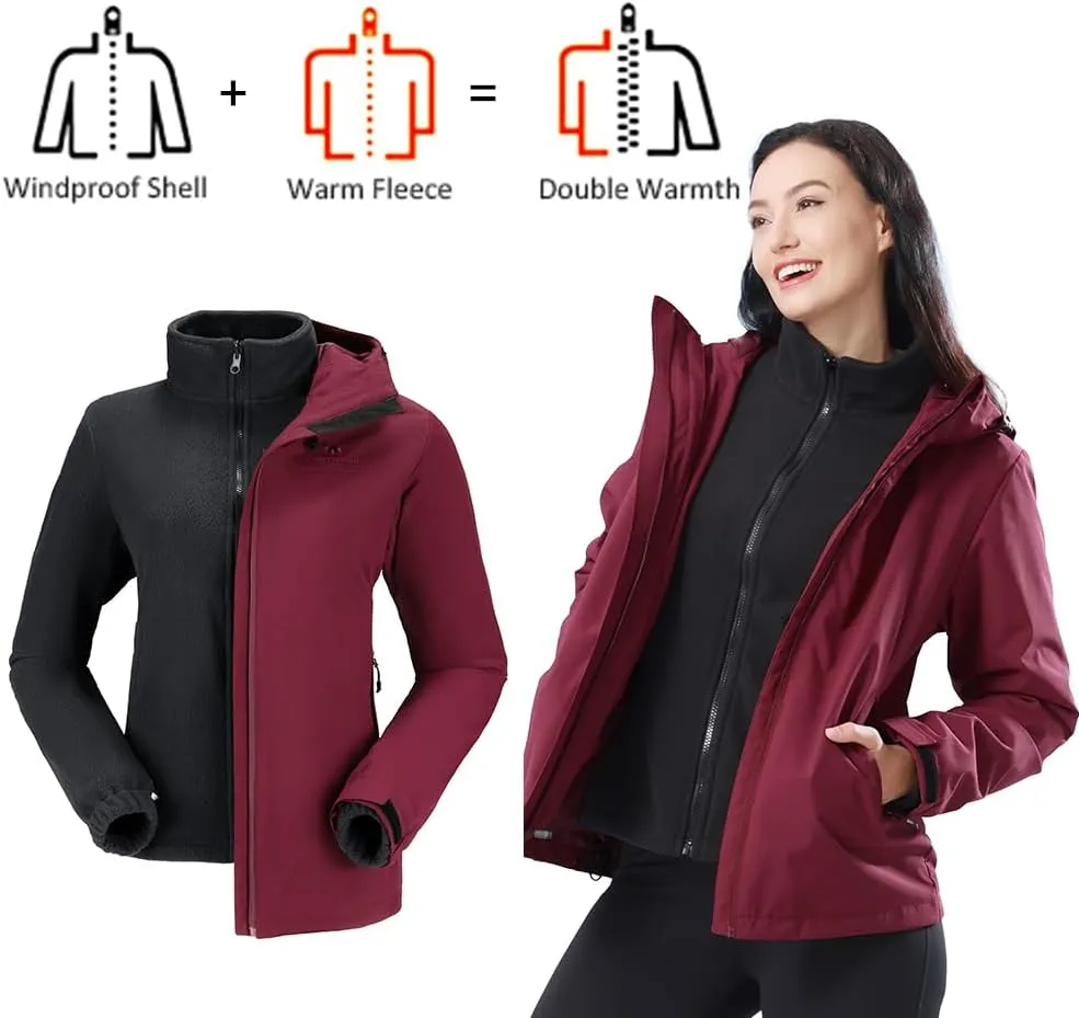CAMEL CROWN Women's Ski Jacket Waterproof 3 in 1 Winter Coat with Fleece Inner Warm Windproof For Snow Outdoor Hiking