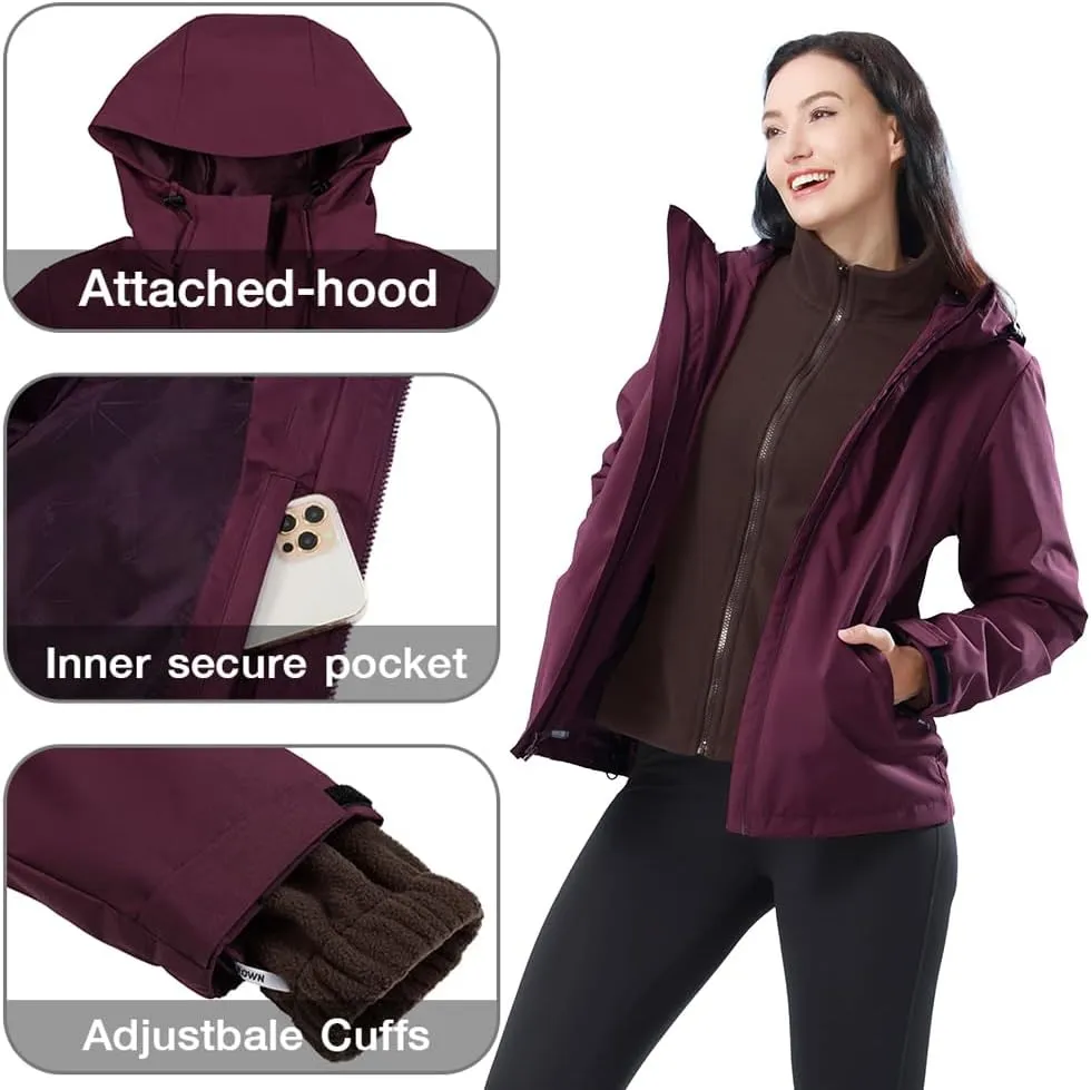 CAMEL CROWN Women's Ski Jacket Waterproof 3 in 1 Winter Coat with Fleece Inner Warm Windproof For Snow Outdoor Hiking