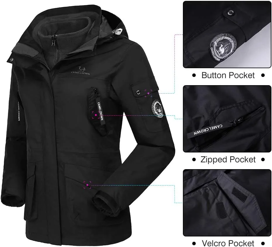 CAMEL CROWN Womens Waterproof Ski Jacket 3-in-1 Windbreaker Winter Coat Fleece Inner for Rain Snow Outdoor Hiking