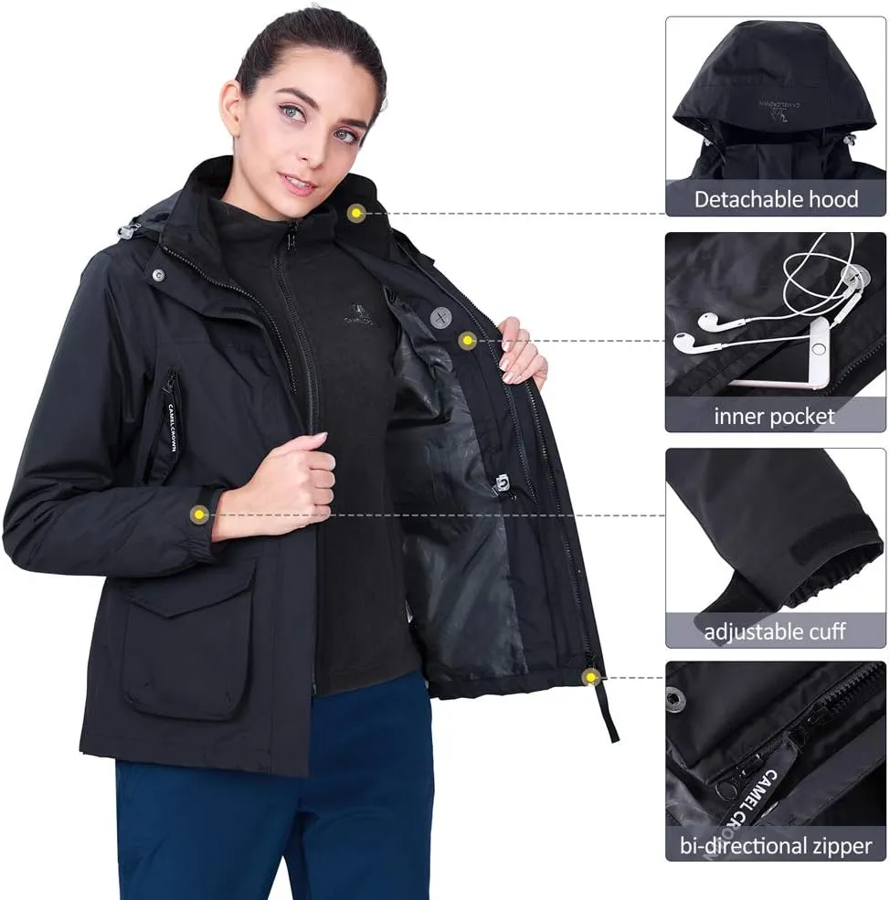 CAMEL CROWN Womens Waterproof Ski Jacket 3-in-1 Windbreaker Winter Coat Fleece Inner for Rain Snow Outdoor Hiking