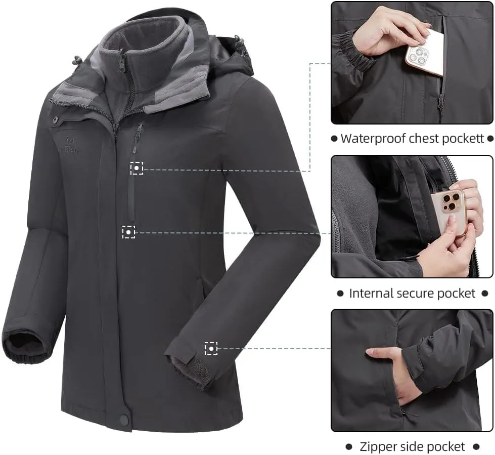 CAMEL CROWN Women's Waterproof Ski Jacket 3 in 1 Winter Coat Windbreaker Snowboard Jackets for Rain Snow Outdoor Hiking