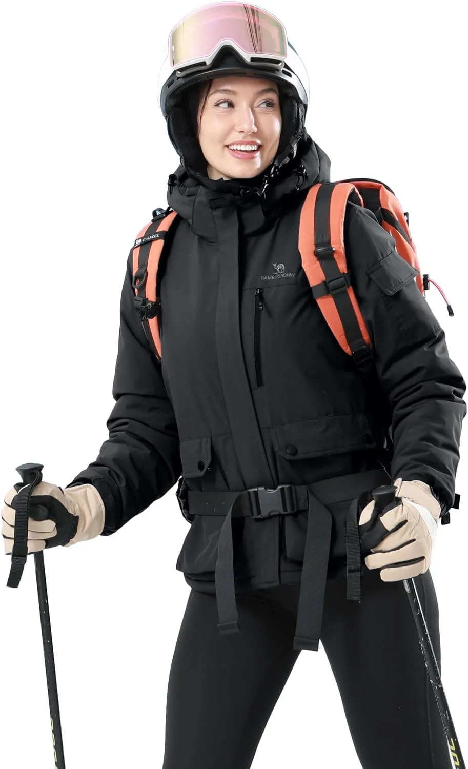 CAMEL CROWN Women's Waterproof Ski Jacket Warm Winter Snow Coat Hiking Windbreaker Hooded Outdoor Snowboarding Jacket