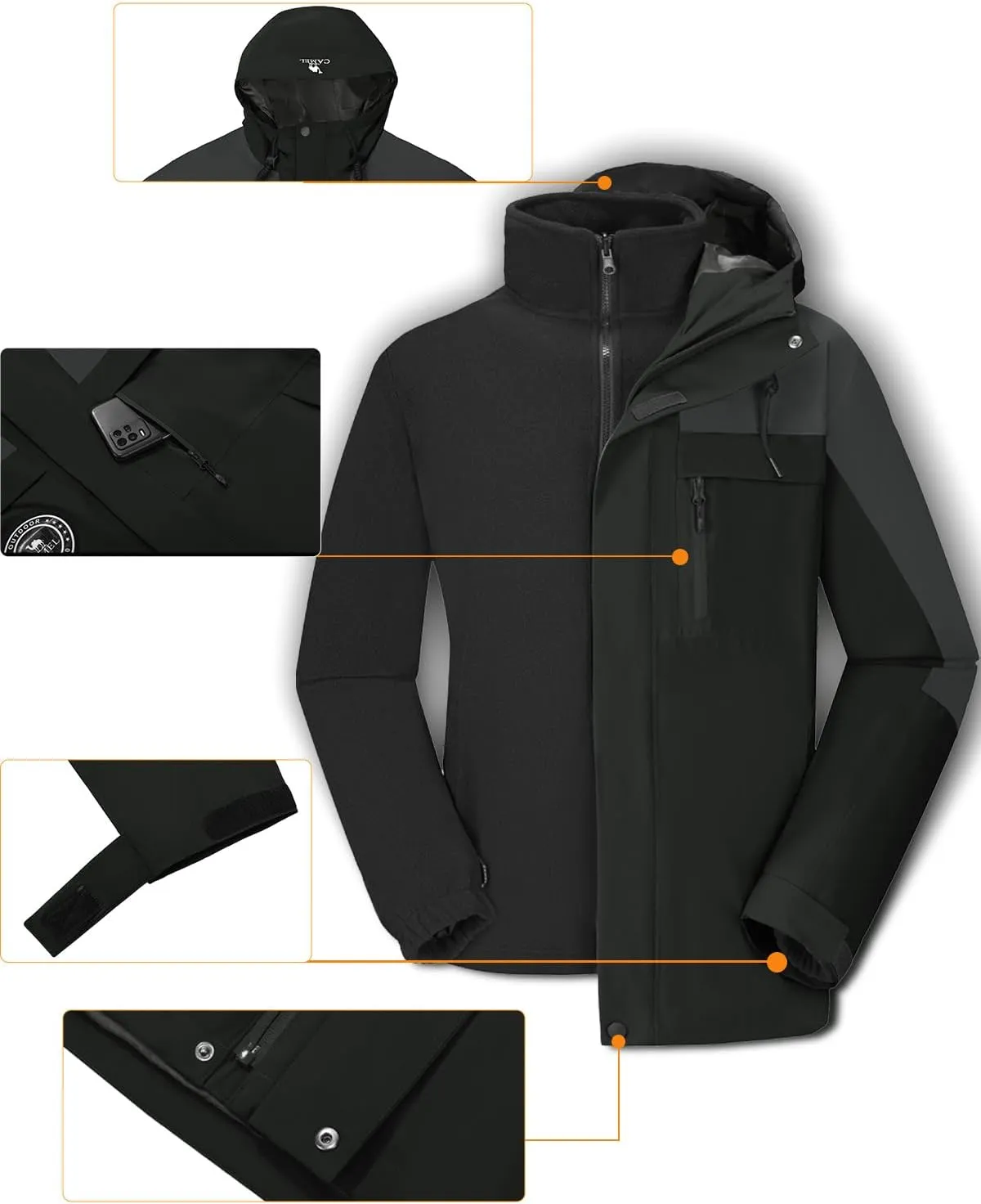 CAMELSPORTS Men's Mountain Ski Jacket 3 in 1 Waterproof Winter Jacket Warm Snow Jacket Hooded Rain Coat Windproof Winter Coat