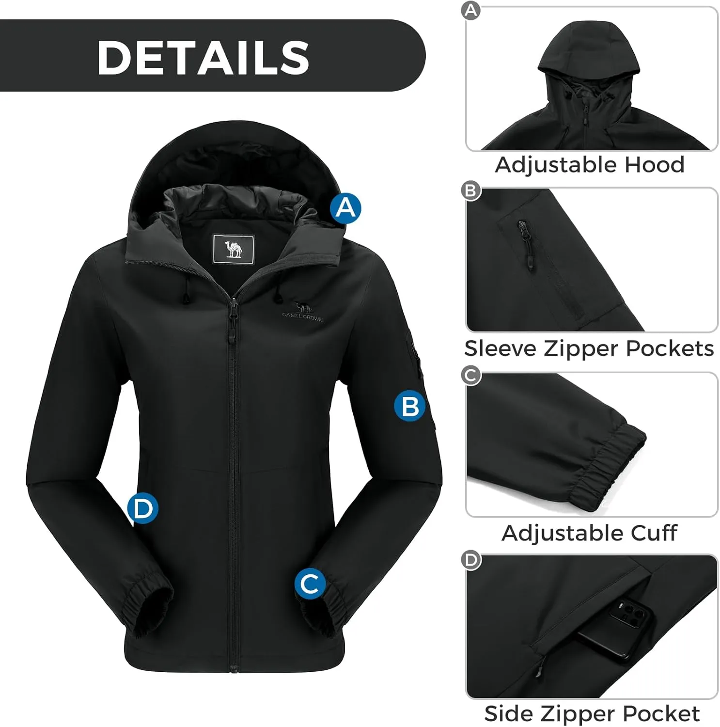 CAMELSPORTS Women's Rain Jacket Lightweight Windbreaker Hooded Raincoat Windproof Coat Shell for Outdoor Hiking