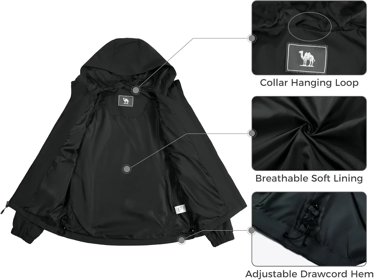 CAMELSPORTS Women's Rain Jacket Lightweight Windbreaker Hooded Raincoat Windproof Coat Shell for Outdoor Hiking