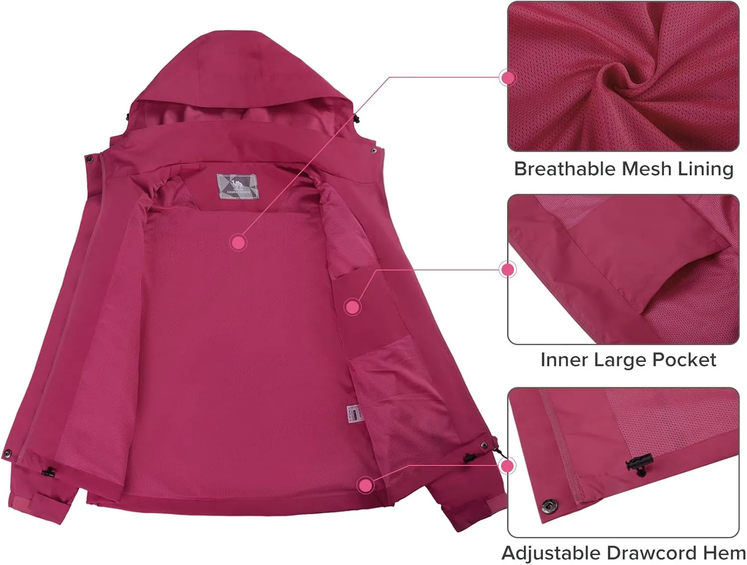 CAMELSPORTS Women's Rain Jacket Waterproof Hooded Windbreaker Windproof Lightweight Shell Raincoat for Outdoor Hiking