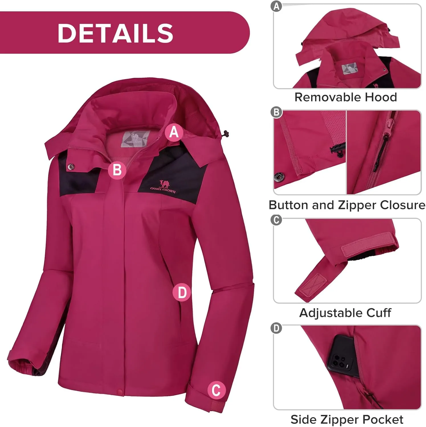 CAMELSPORTS Women's Rain Jacket Waterproof Hooded Windbreaker Windproof Lightweight Shell Raincoat for Outdoor Hiking