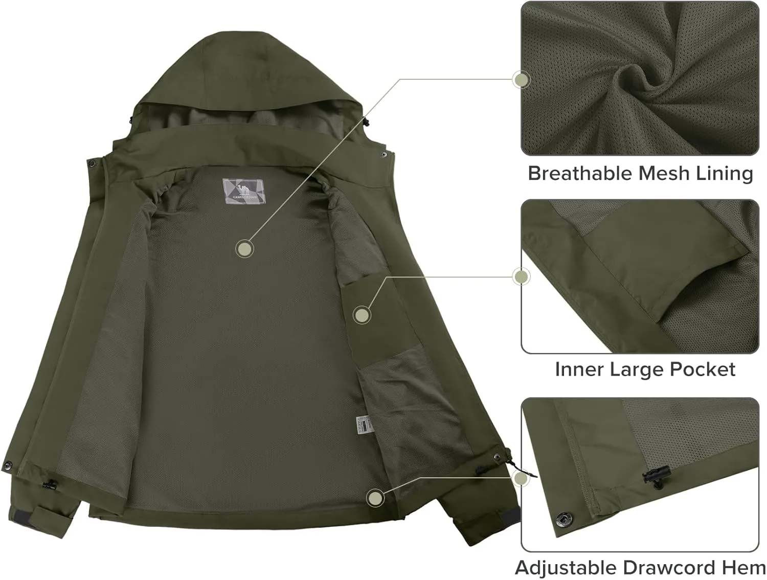 CAMELSPORTS Women's Rain Jacket Waterproof Hooded Windbreaker Windproof Lightweight Shell Raincoat for Outdoor Hiking