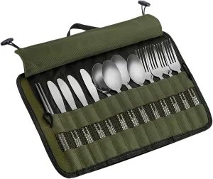 Camping Tableware Roll Bag, Kitchen Cooking Utensil Set Travel Organizer, Cookware Storage Bag, Portable Polyester Roll Up Pouch Bag Cutlery Storage Water Resistant Case for Forks Spoons Chopstick