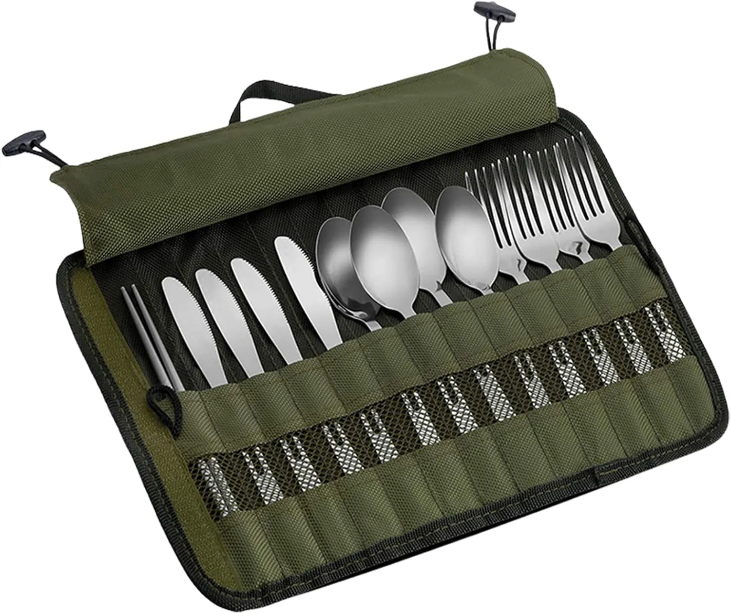 Camping Tableware Roll Bag, Kitchen Cooking Utensil Set Travel Organizer, Cookware Storage Bag, Portable Polyester Roll Up Pouch Bag Cutlery Storage Water Resistant Case for Forks Spoons Chopstick